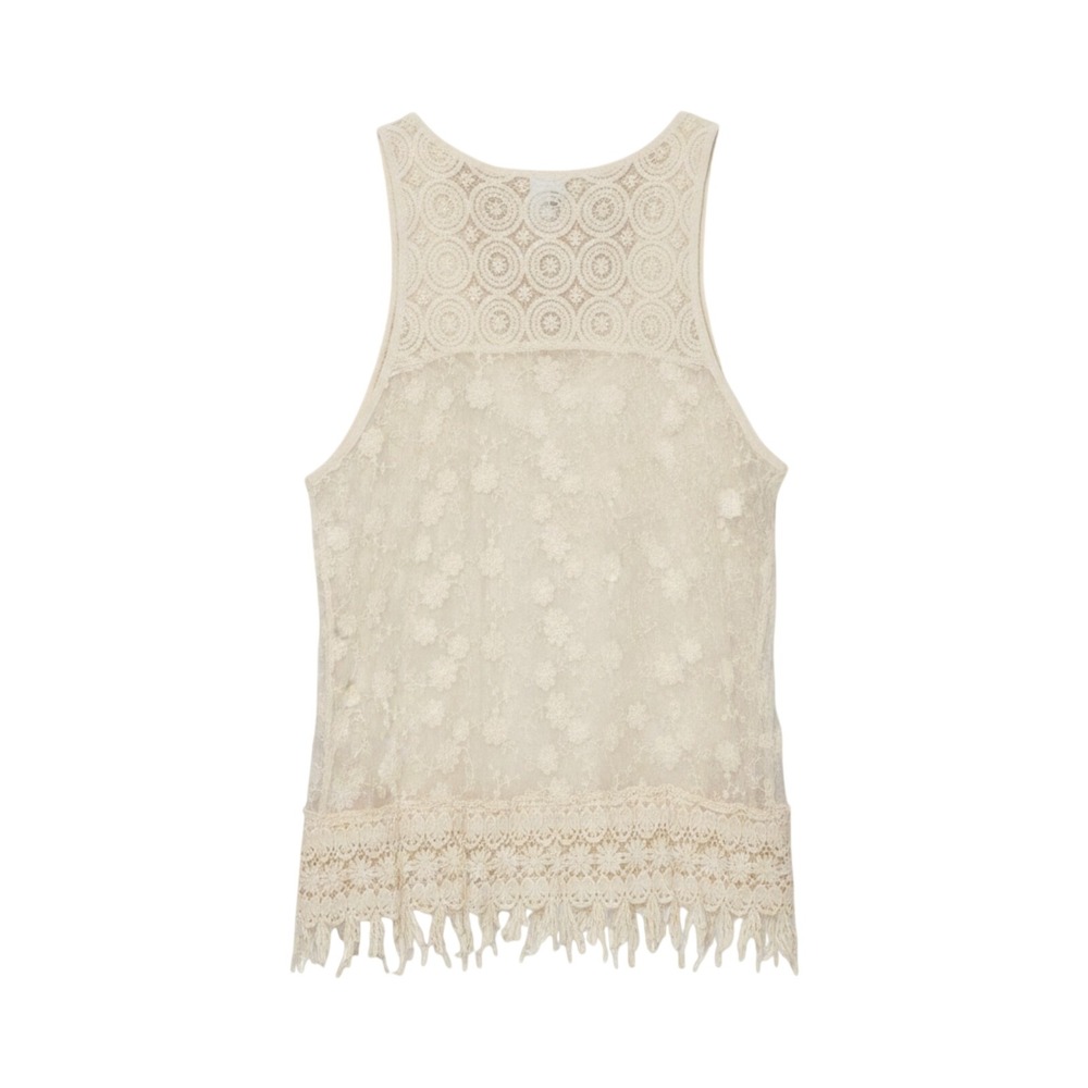 Haute Monde Tank Top Women XL Cream Lace Floral Boho Fringe Crochet Mesh